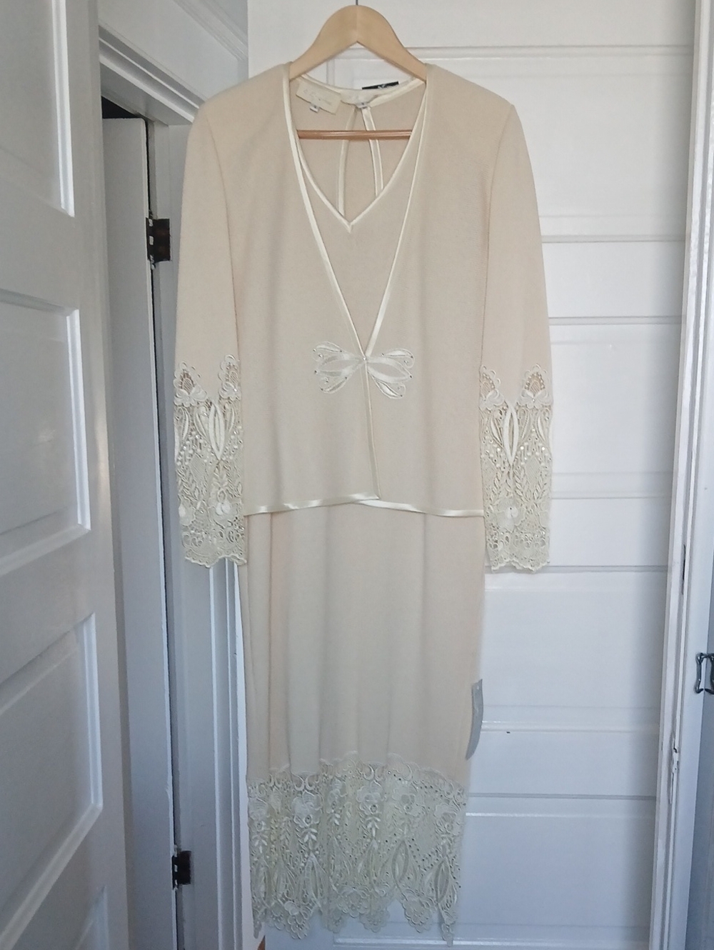 Rare Vintage Elana Evening Dress Jacket Set Sleeveless Maxi Lace Ivory #0997 SM